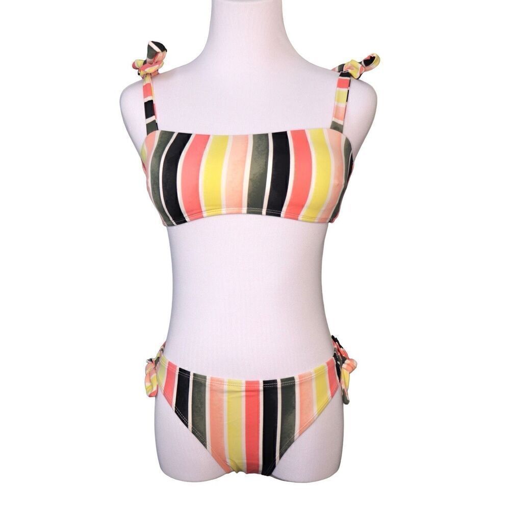 True Craft Yellow Orange‎ Striped Bikini Swimsuit 2pc Eclectic Beach Swim MEDIUM